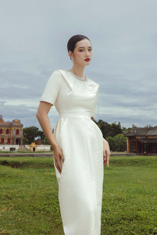 White Textured Midi Dress with Pearl Embellished Collar