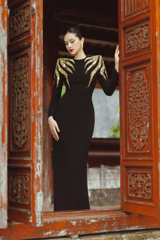Black Long Sleeve Evening Gown with Gold Embellished Shoulders
