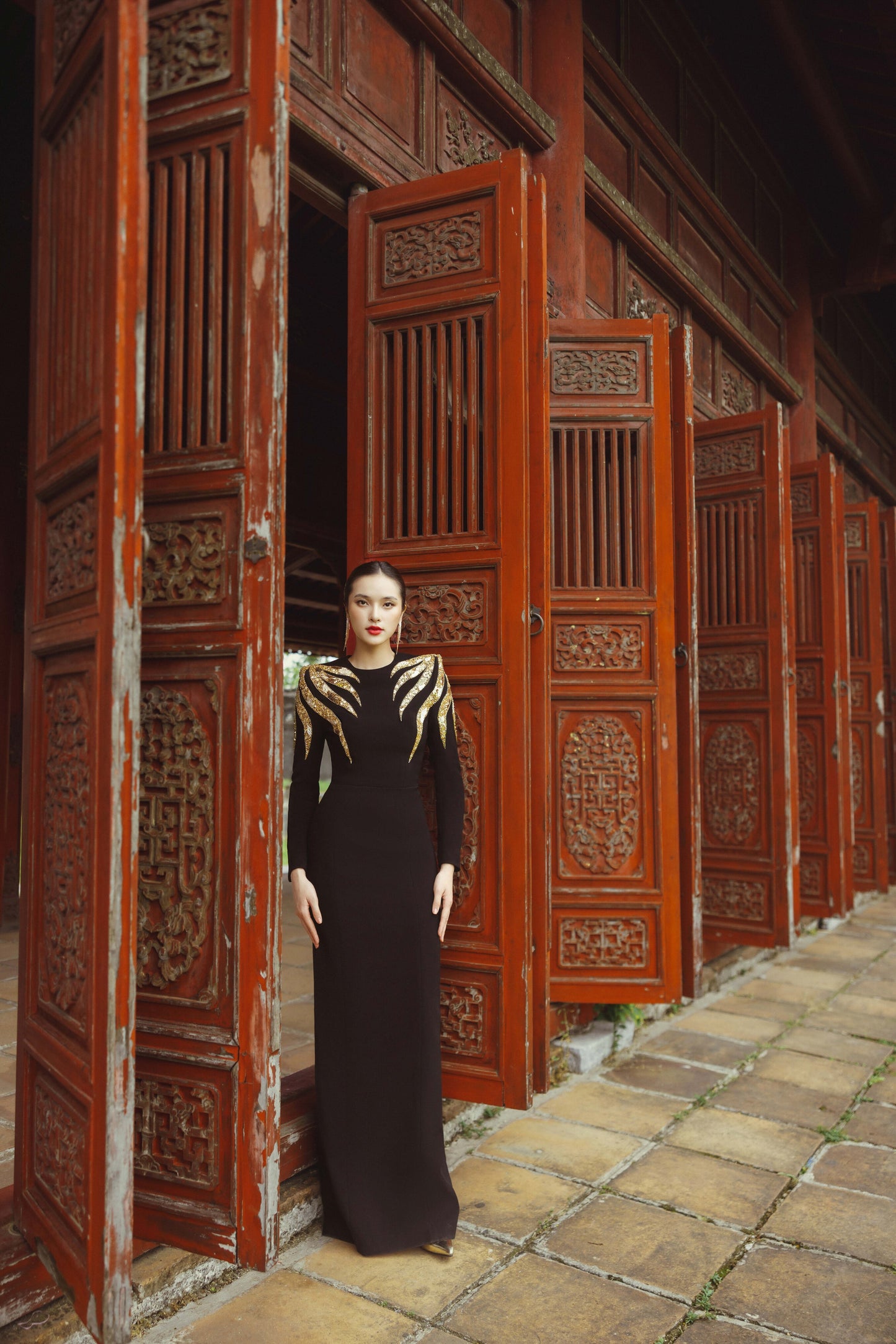 Black Long Sleeve Evening Gown with Gold Embellished Shoulders