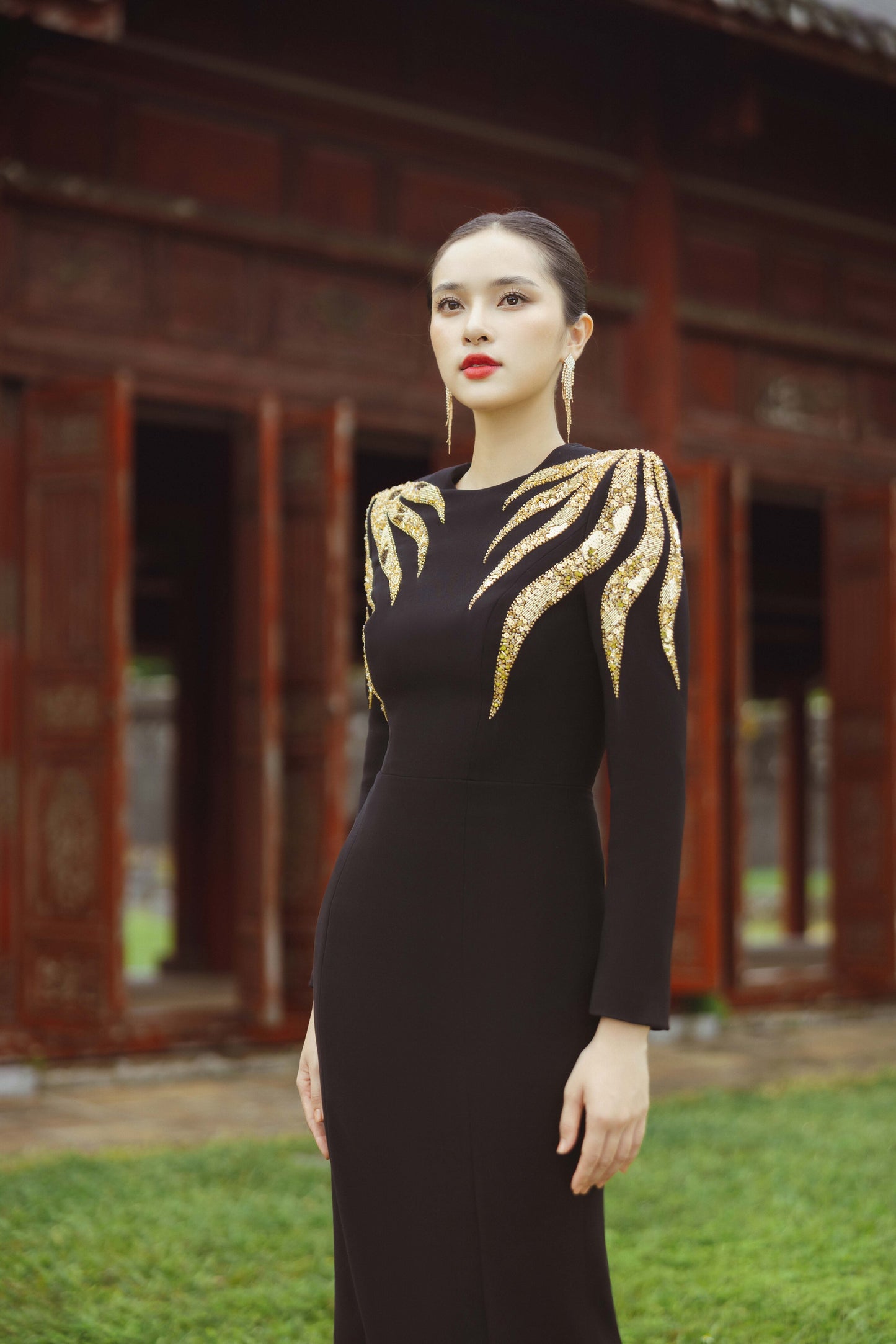 Black Long Sleeve Evening Gown with Gold Embellished Shoulders