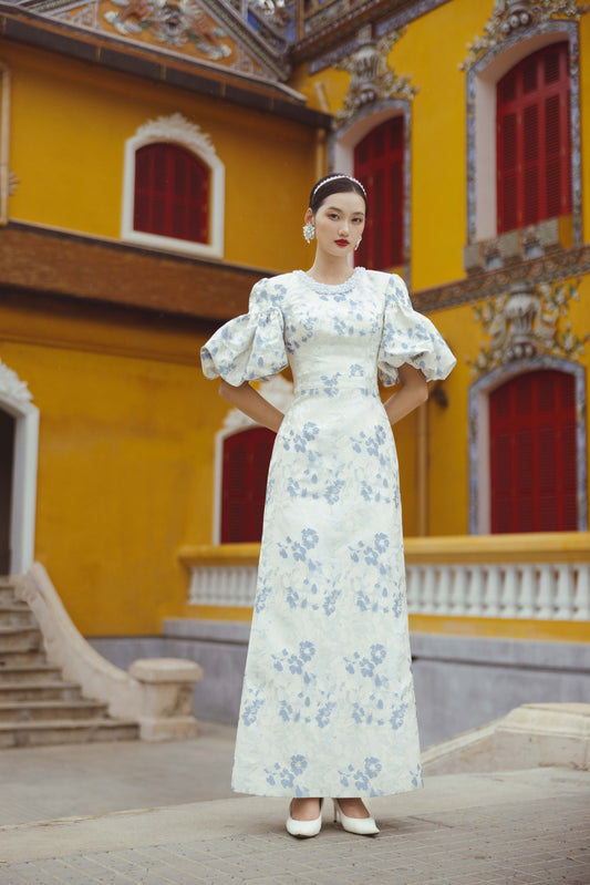 Vintage-Inspired Puff Sleeve Floral Gown