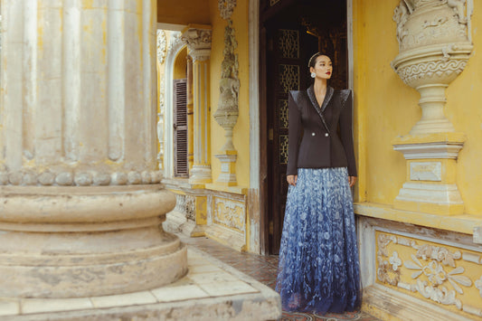 Embellished Black Blazer with Ombre Lace Skirt
