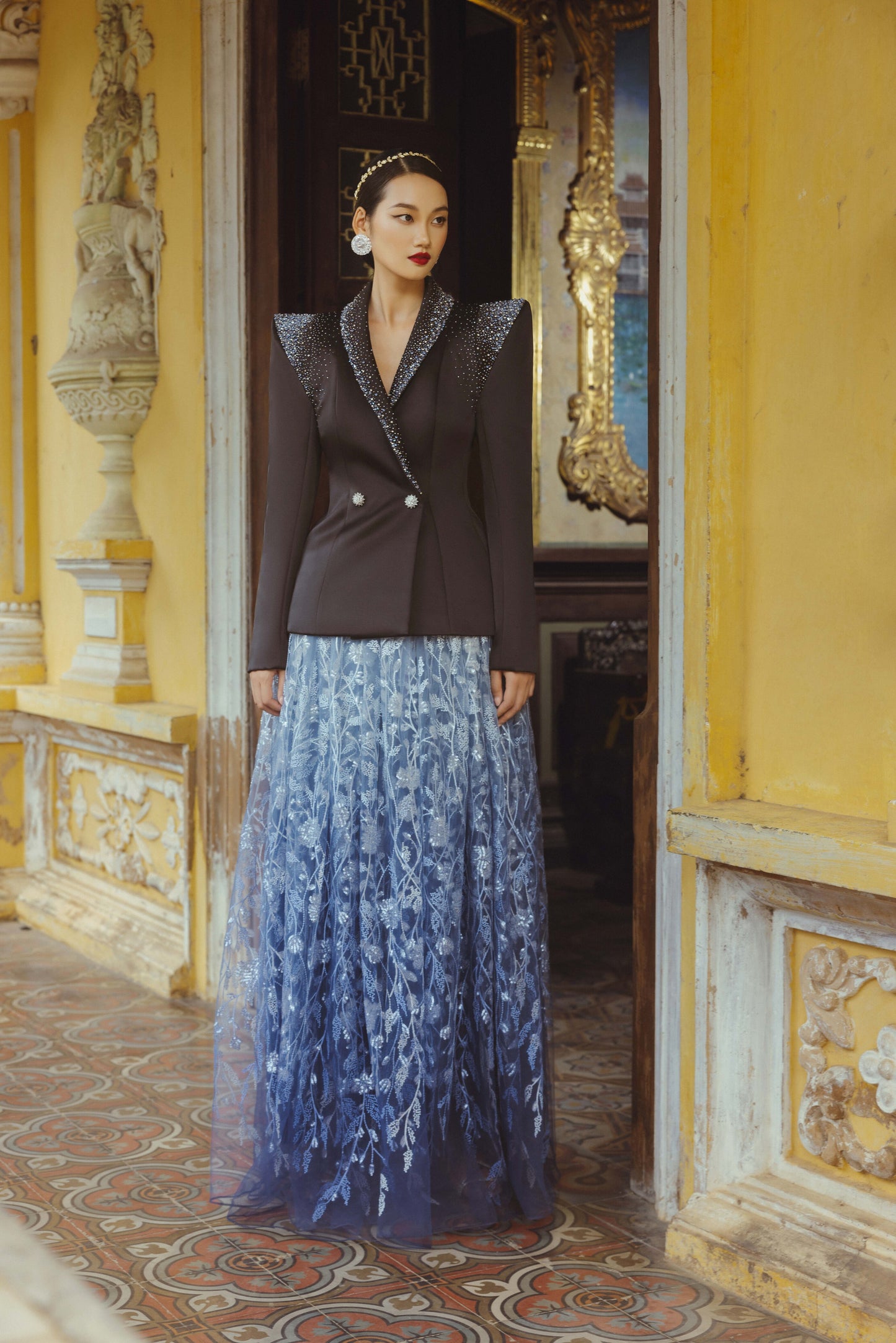 Embellished Black Blazer with Ombre Lace Skirt
