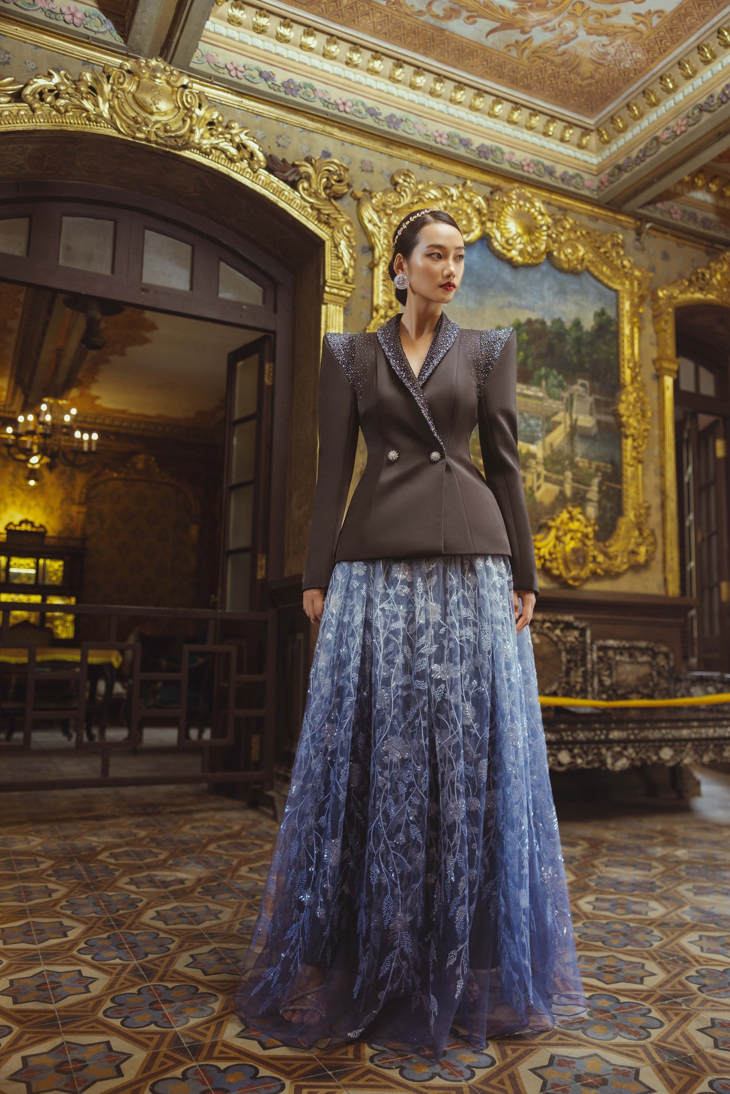 Embellished Black Blazer with Ombre Lace Skirt