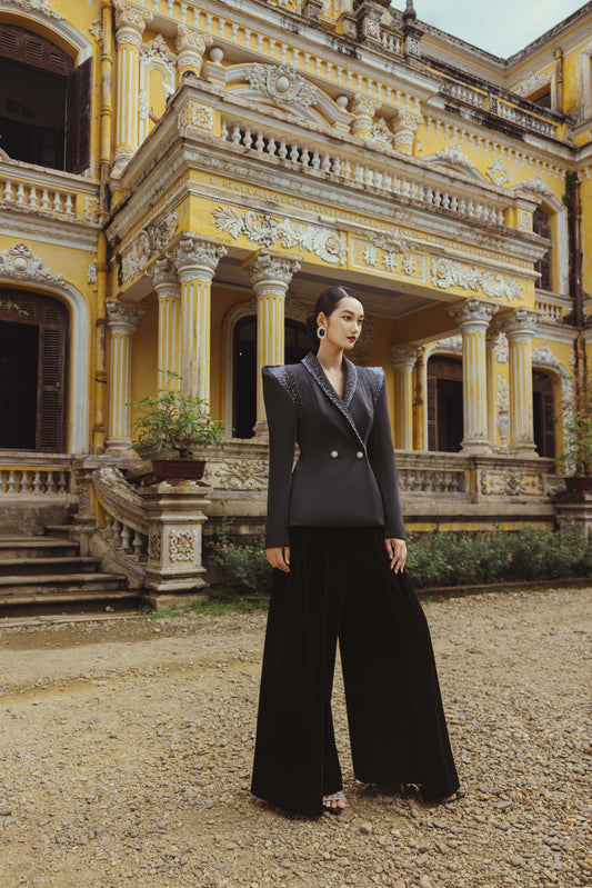 Black Embellished Blazer with Velvet Wide-Leg Pants