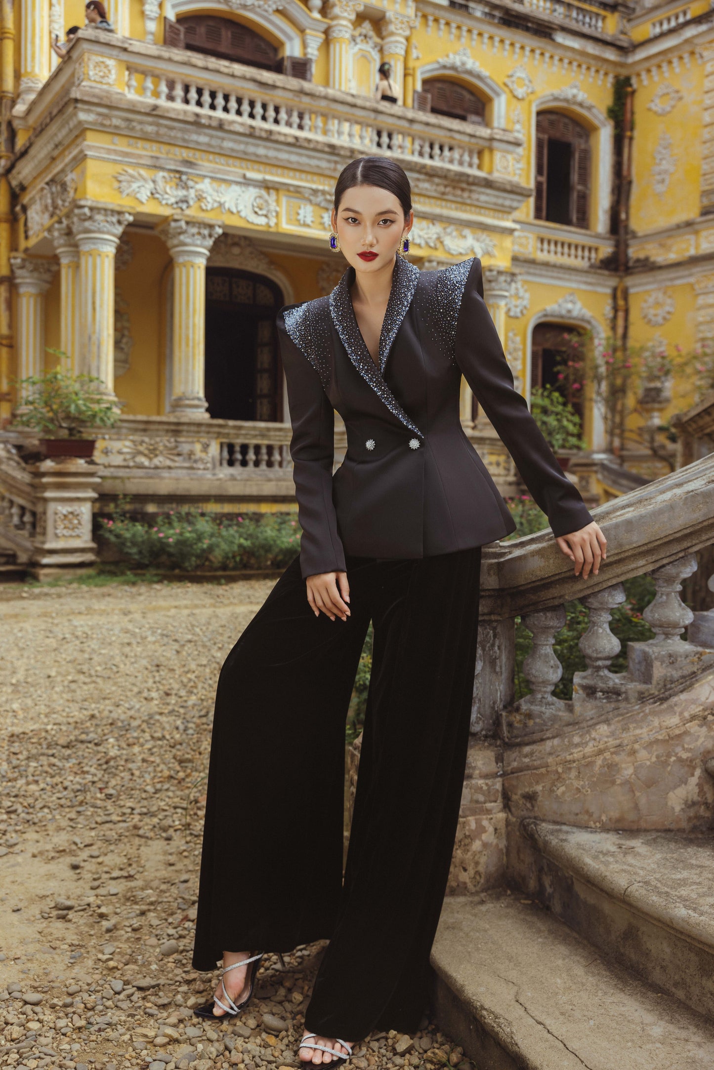Black Embellished Blazer with Velvet Wide-Leg Pants