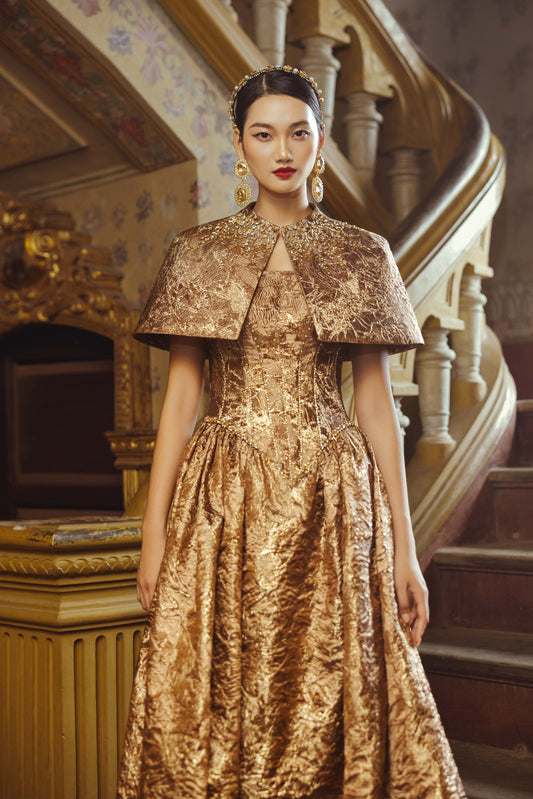 Golden Brocade Ball Gown with Cape