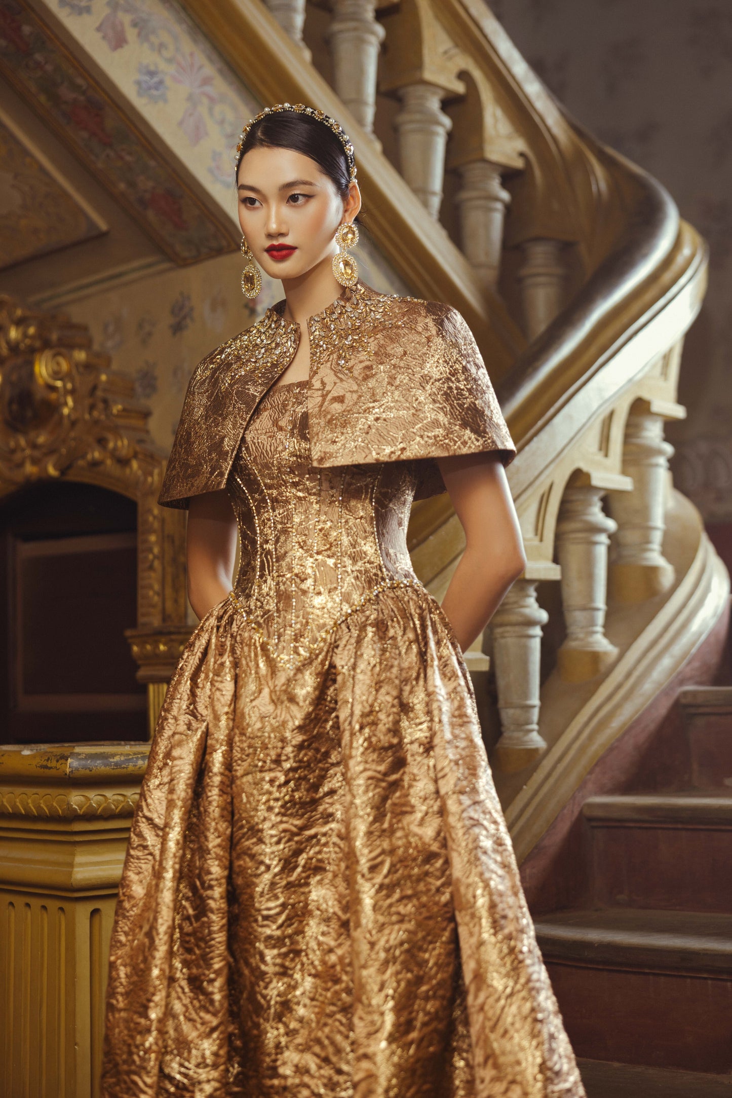 Golden Brocade Ball Gown with Cape