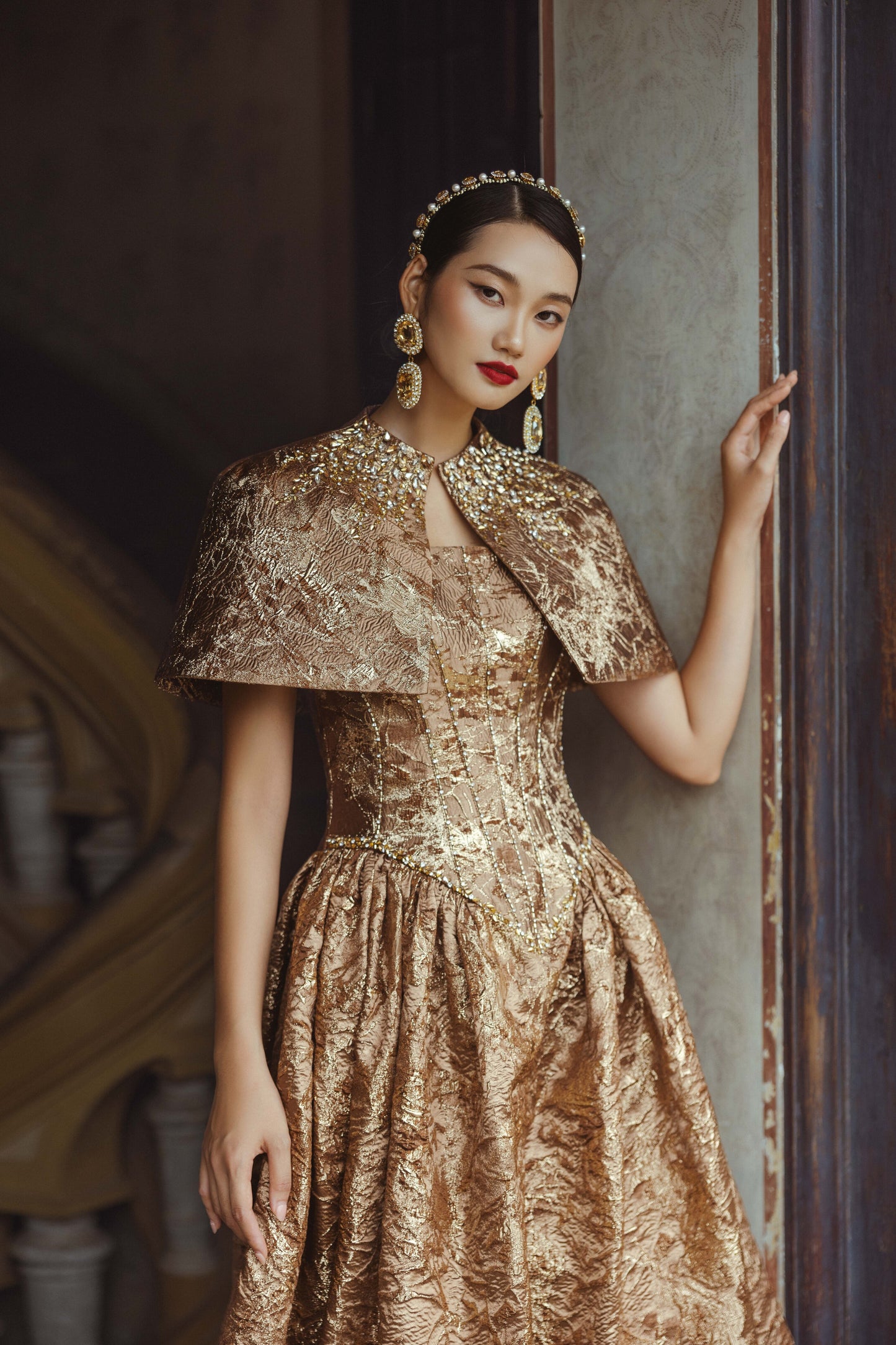 Golden Brocade Ball Gown with Cape