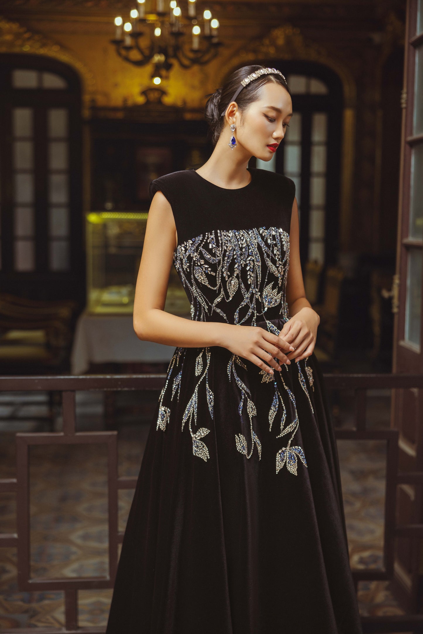 Black Velvet Embroidered Evening Gown with Floral Detailing