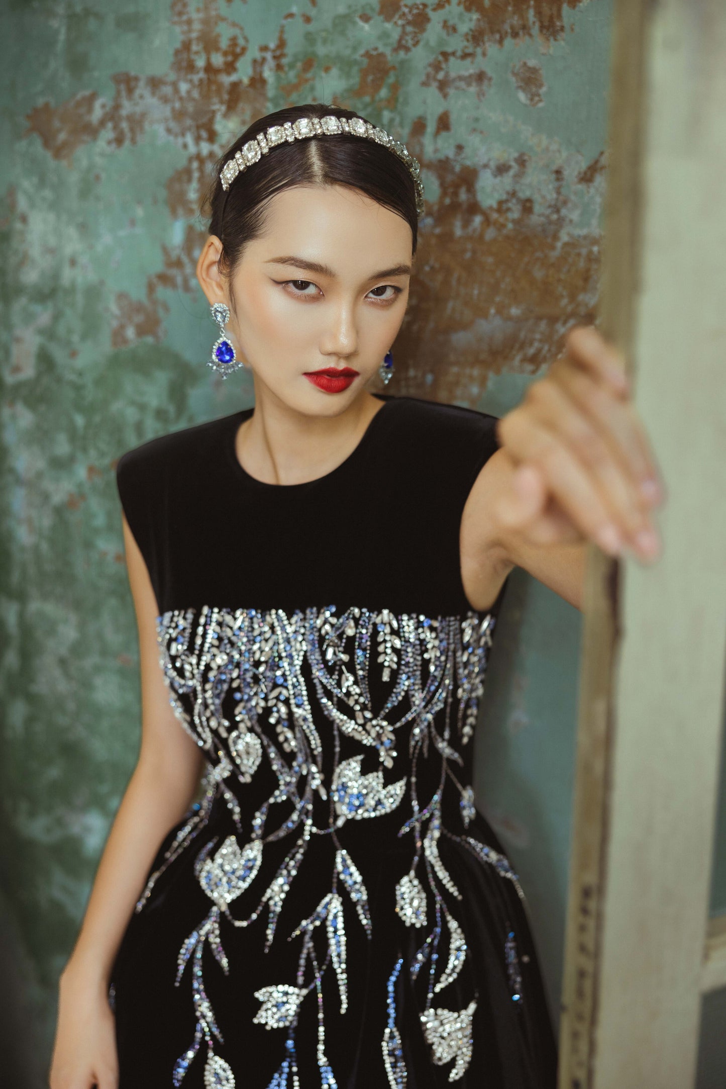 Black Velvet Embroidered Evening Gown with Floral Detailing