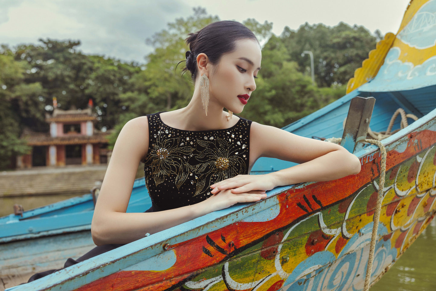 Black Gold Embroidered Evening Gown