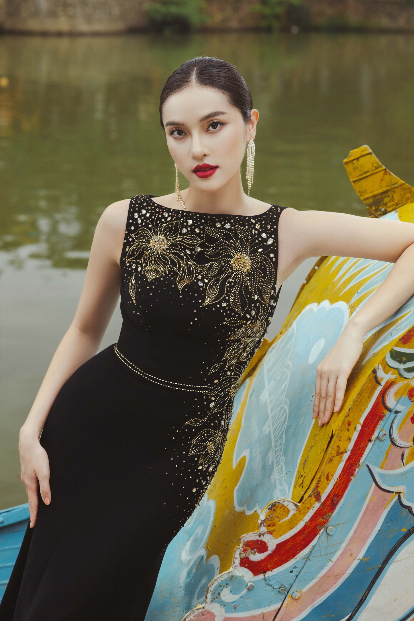 Black Gold Embroidered Evening Gown