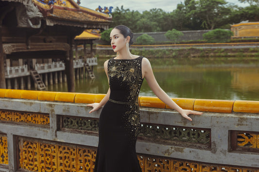Black Gold Embroidered Evening Gown