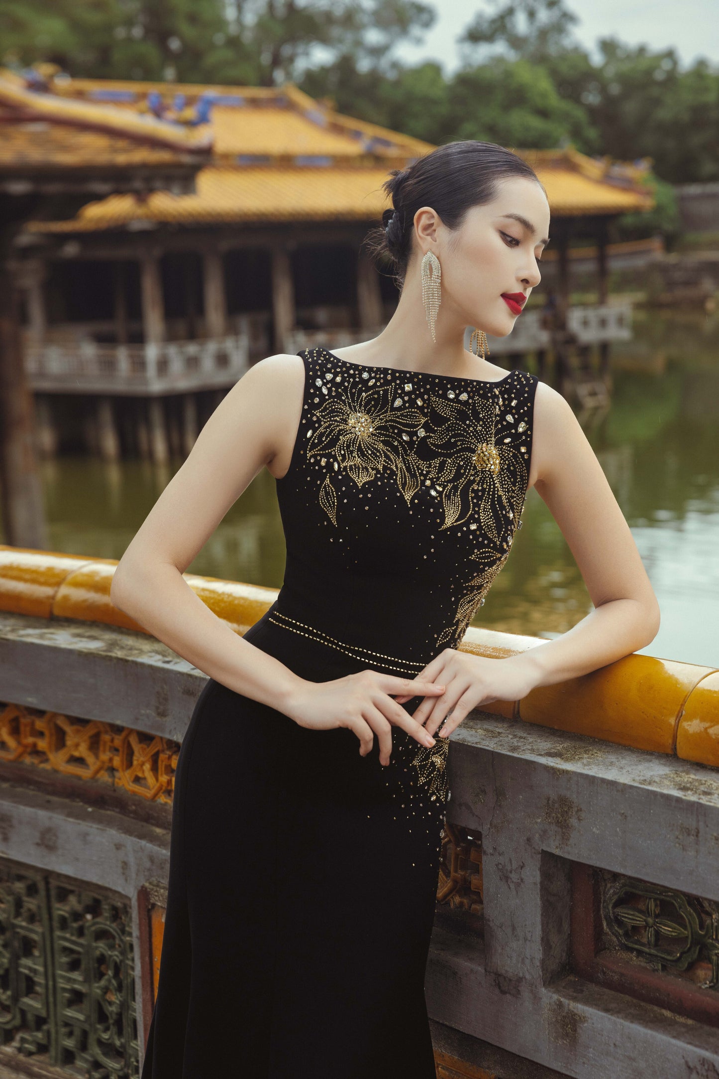 Black Gold Embroidered Evening Gown