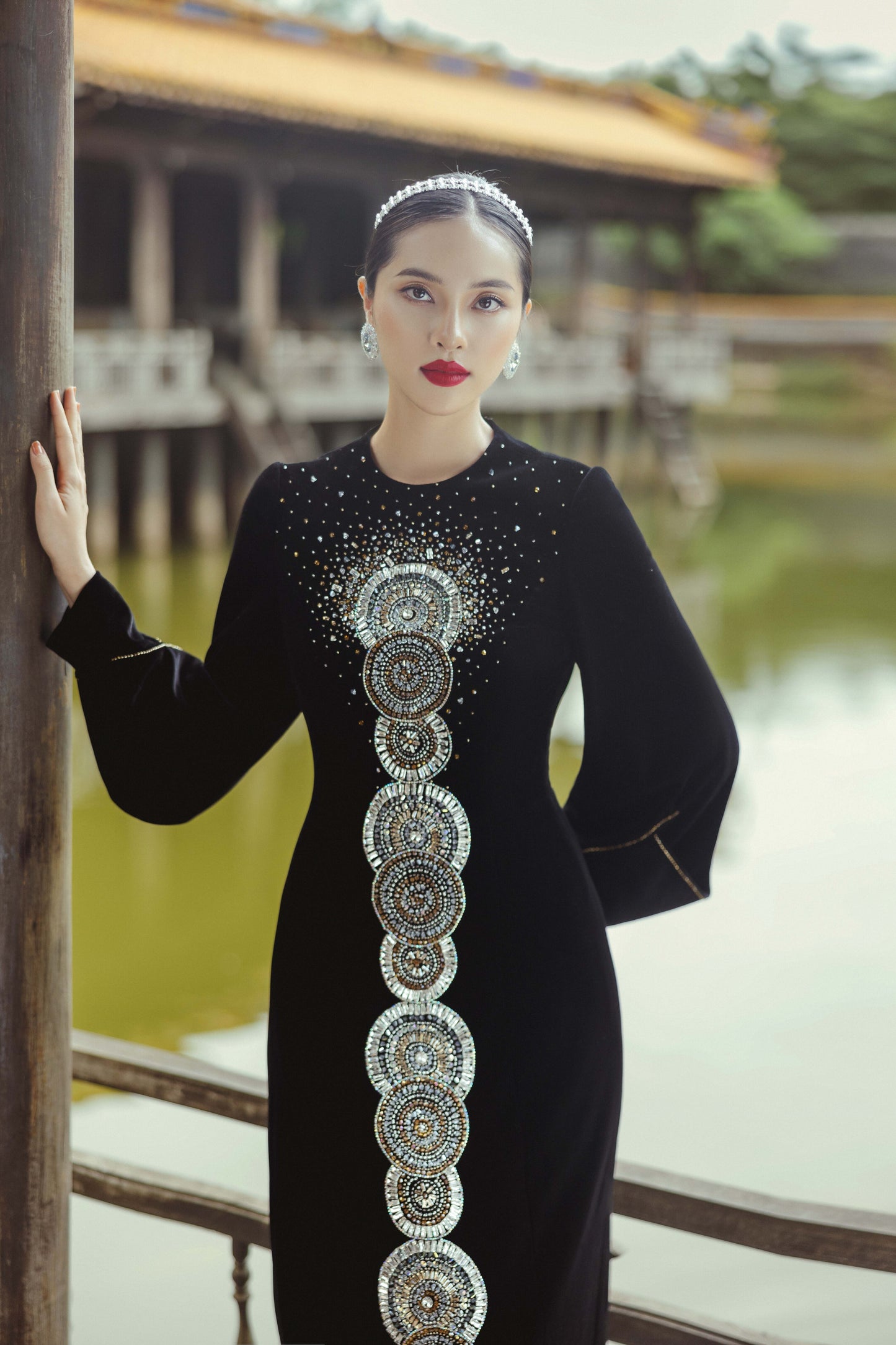 Black Velvet Long-Sleeve Gown with Intricate Silver Mandala Embroidery
