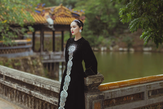 Black Velvet Long-Sleeve Gown with Intricate Silver Mandala Embroidery