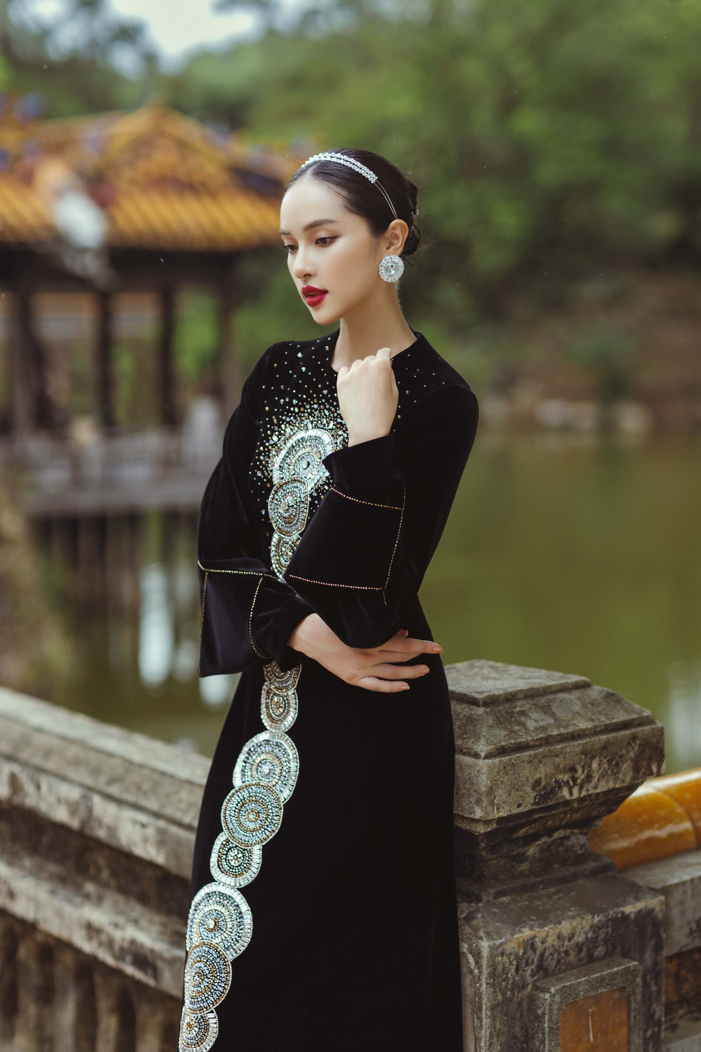 Black Velvet Long-Sleeve Gown with Intricate Silver Mandala Embroidery
