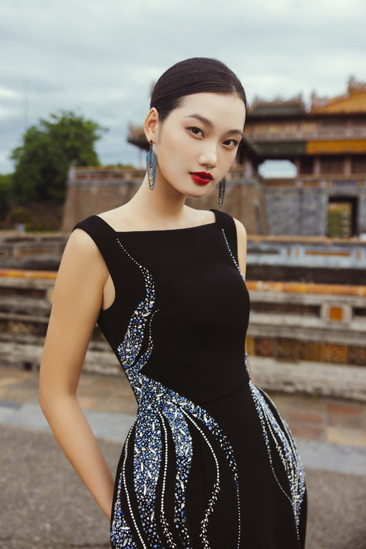 Black Evening Gown with Intricate Silver Embroidery