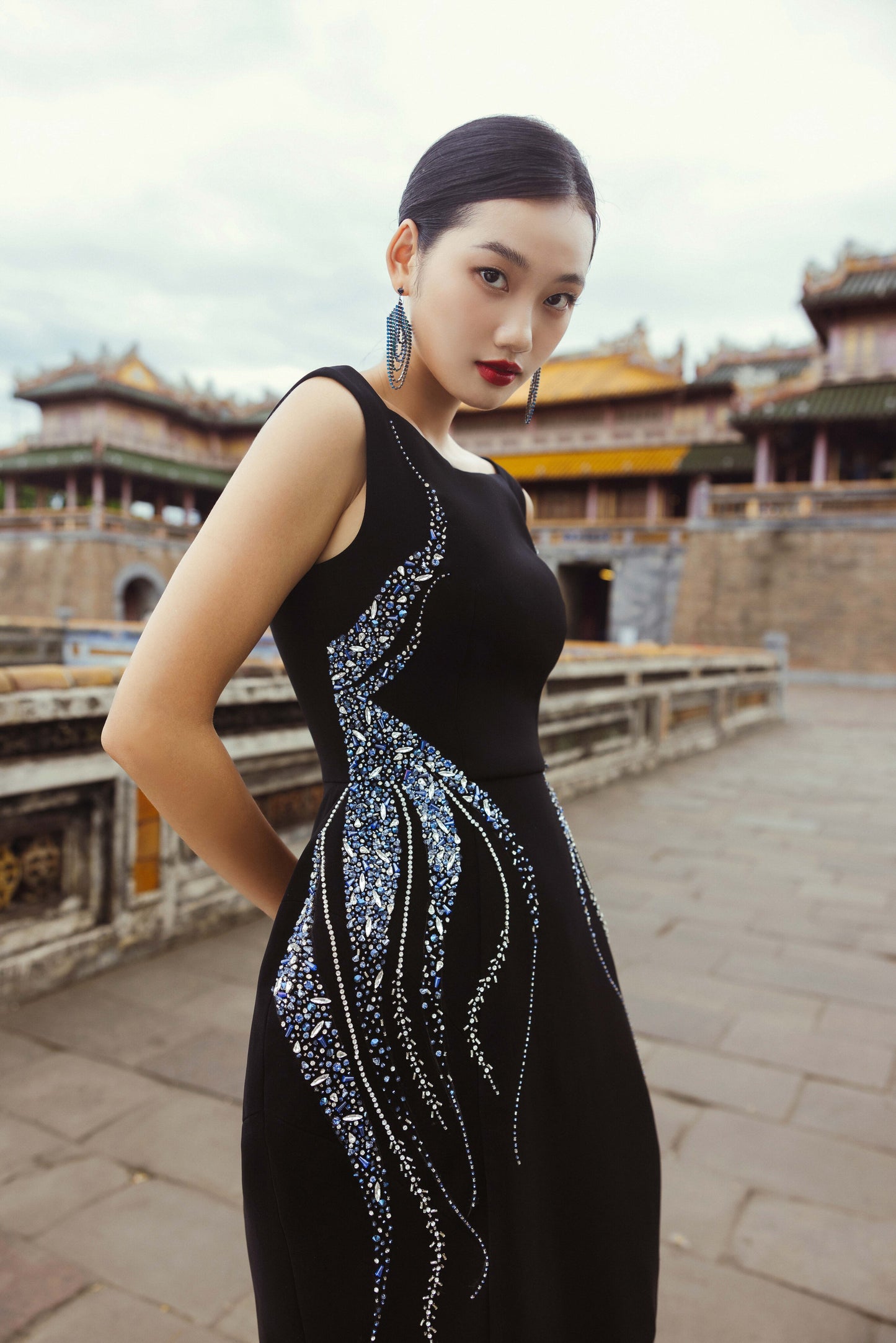 Black Evening Gown with Intricate Silver Embroidery