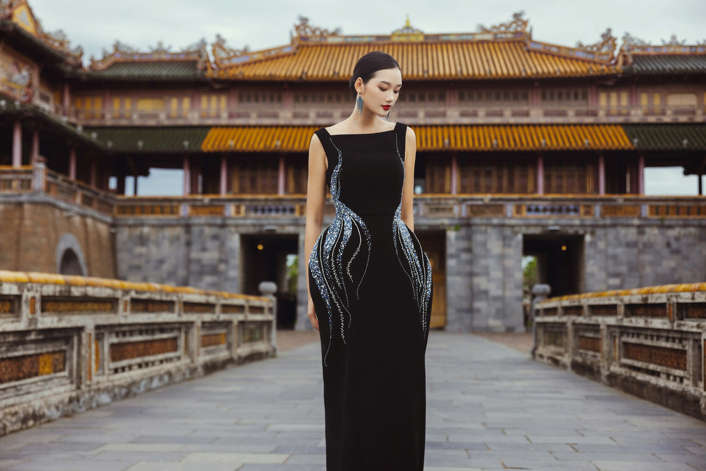 Black Evening Gown with Intricate Silver Embroidery