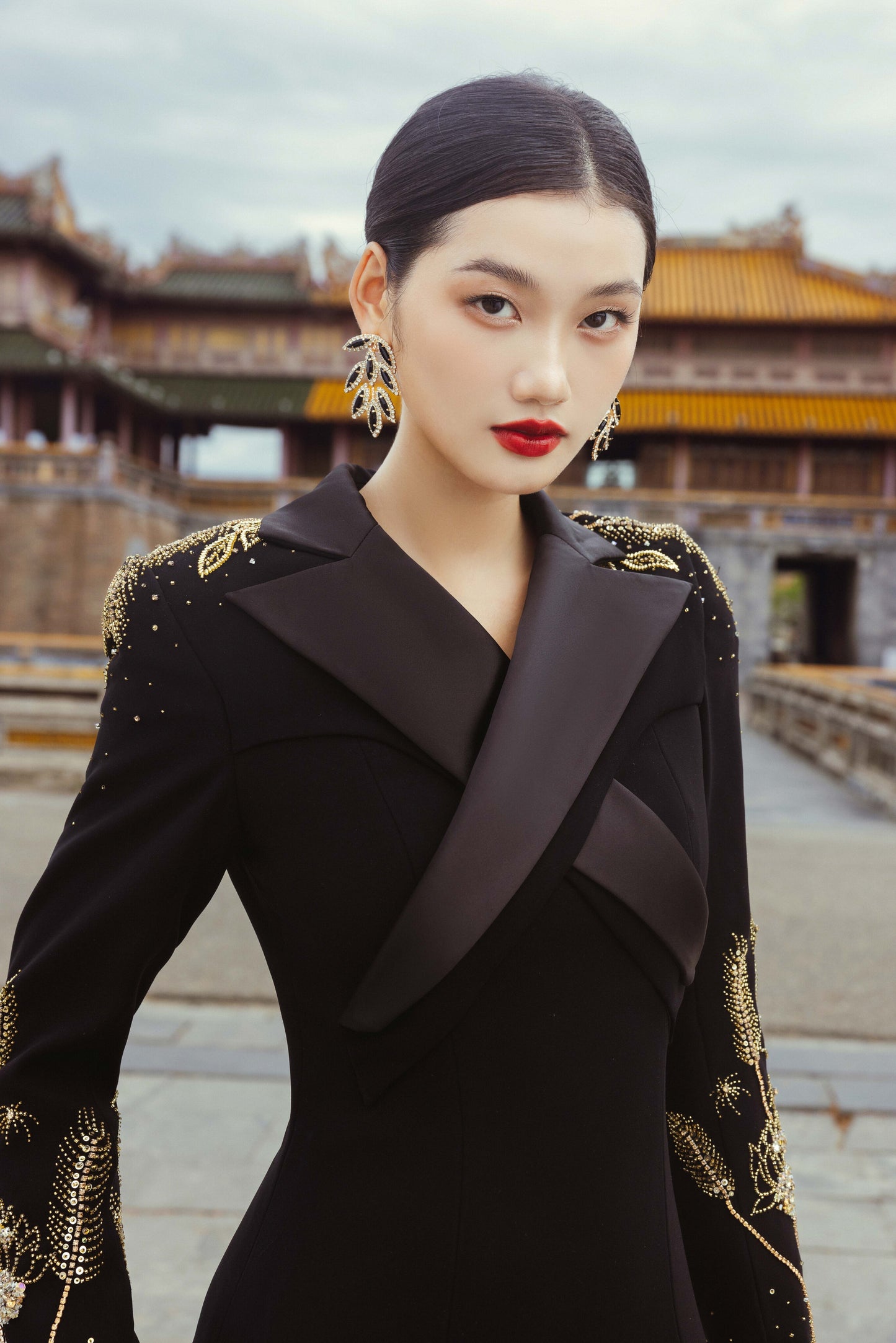 Modern Black Gown with Gold Embroidered Sleeves