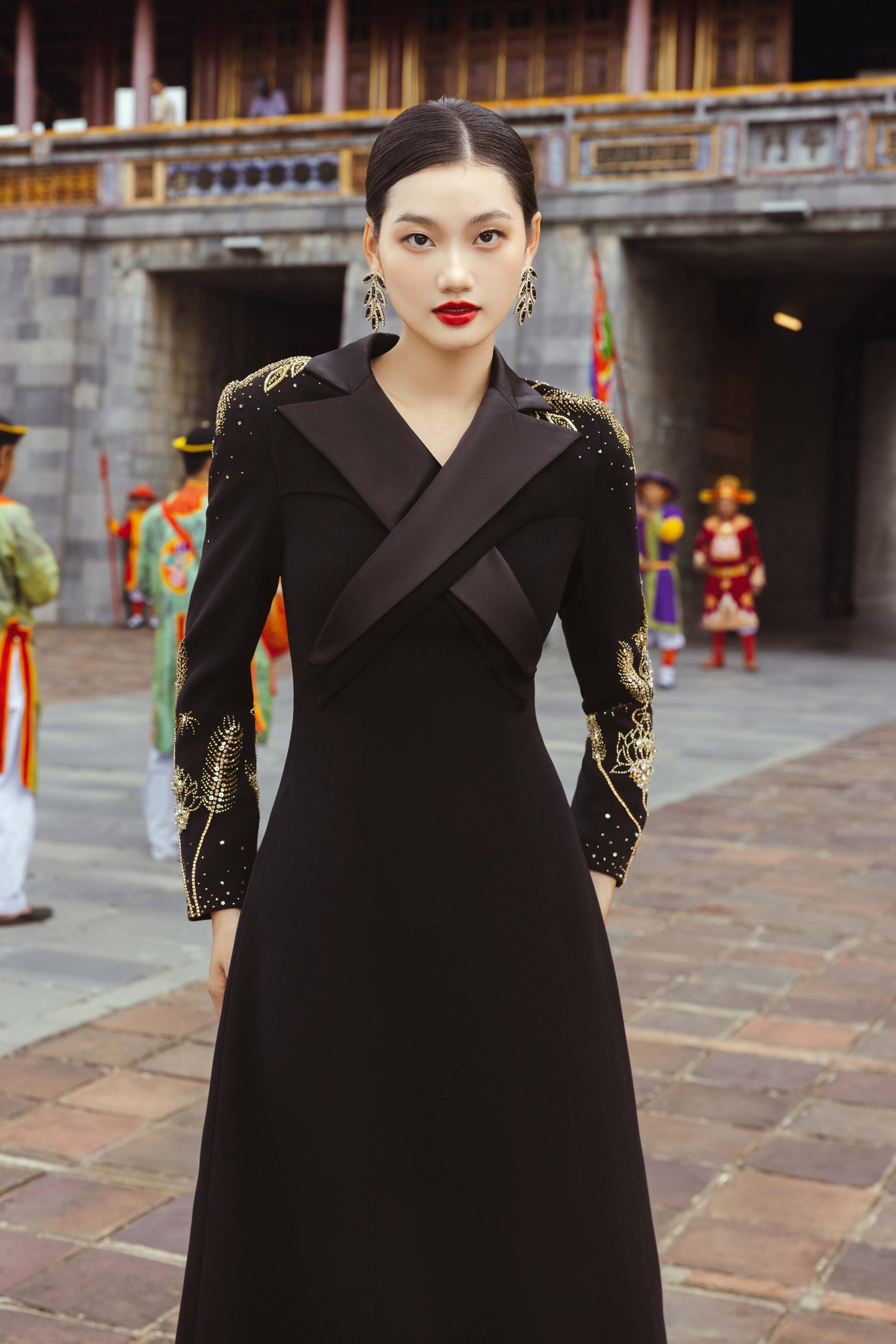 Modern Black Gown with Gold Embroidered Sleeves