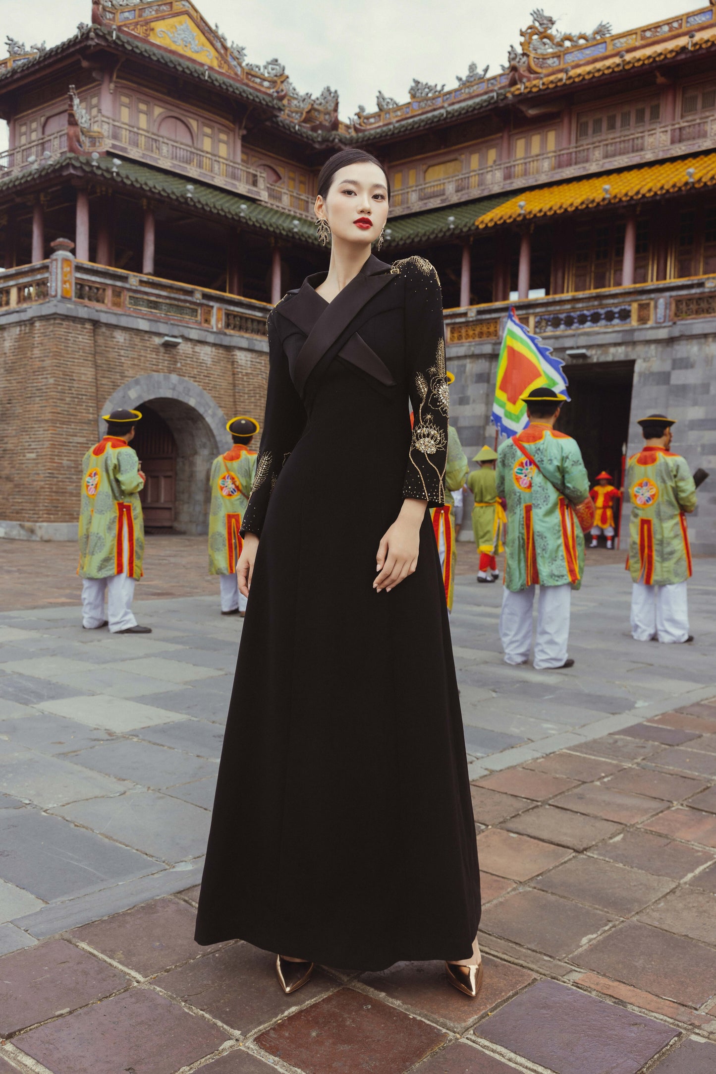 Modern Black Gown with Gold Embroidered Sleeves