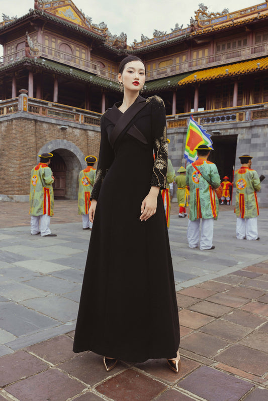 Modern Black Gown with Gold Embroidered Sleeves