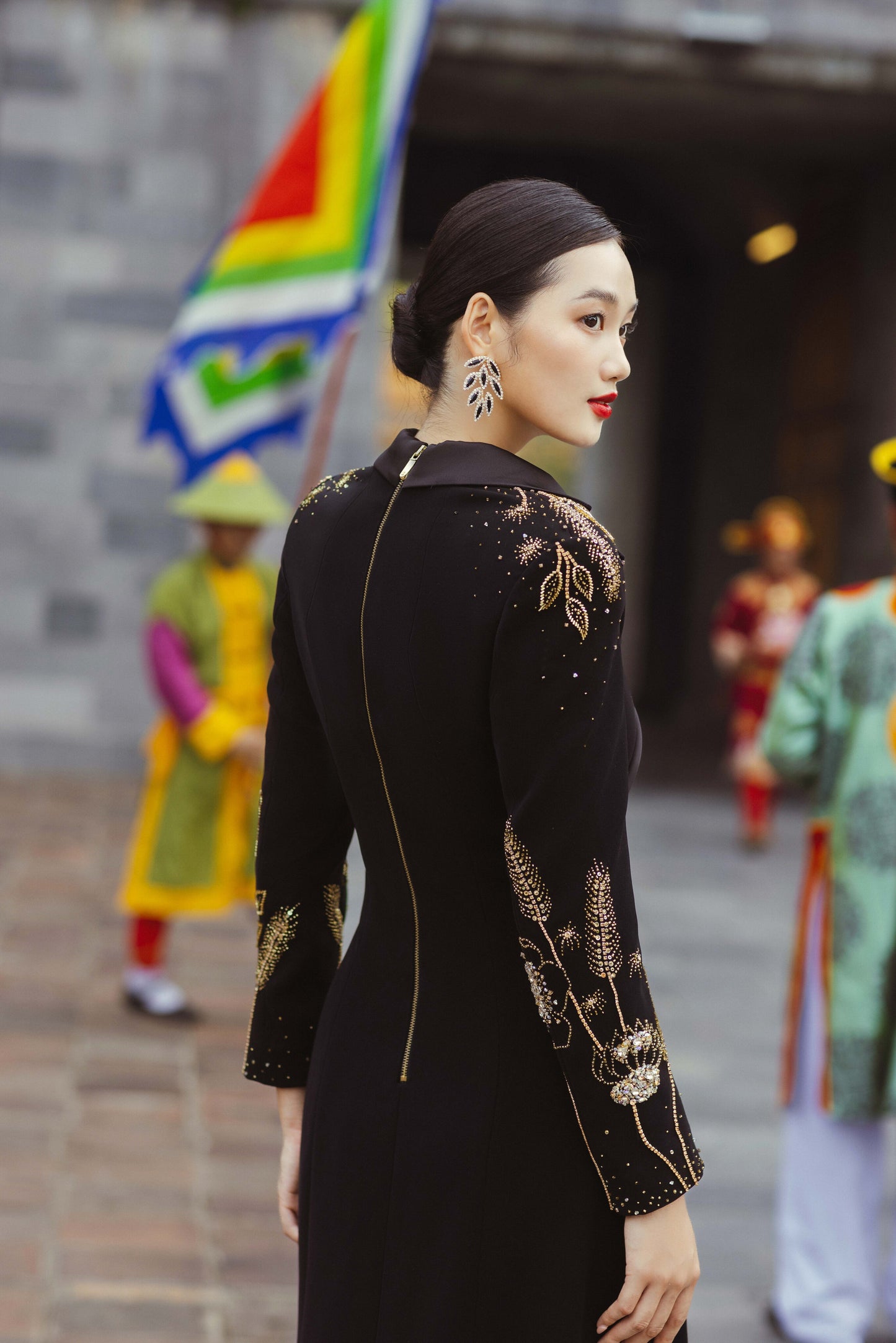 Modern Black Gown with Gold Embroidered Sleeves