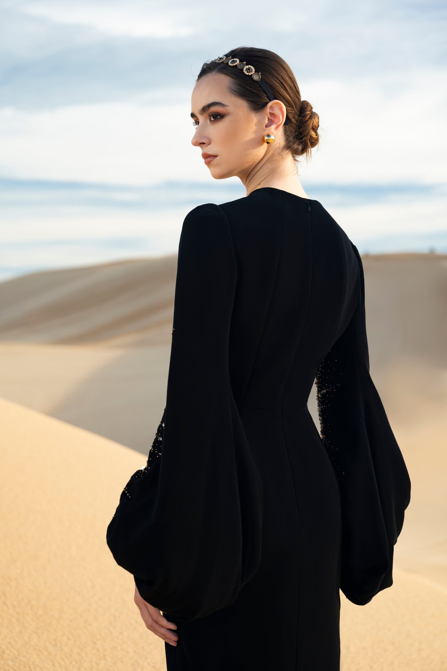 Black Long-Sleeve Gown with Gold Beaded Detailing and Balloon Sleeves