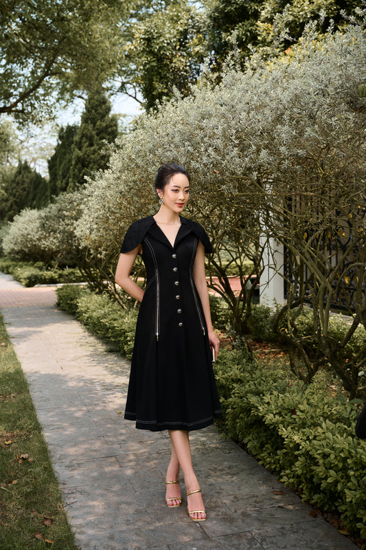 Black A-Line Button-Up Midi Dress with Cape Sleeves