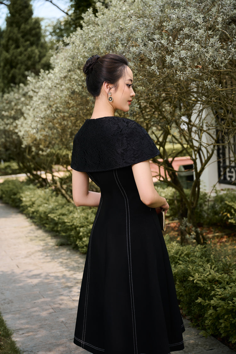Black A-Line Button-Up Midi Dress with Cape Sleeves