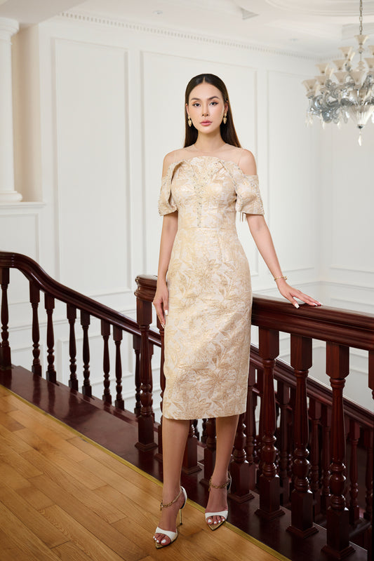 Le Soleil Off-Shoulder Jacquard Brocade Midi Dress