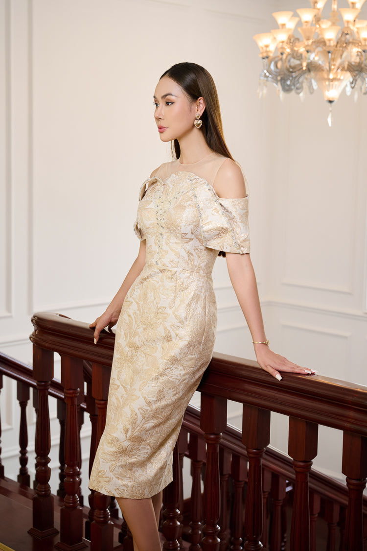 Le Soleil Off-Shoulder Jacquard Brocade Midi Dress