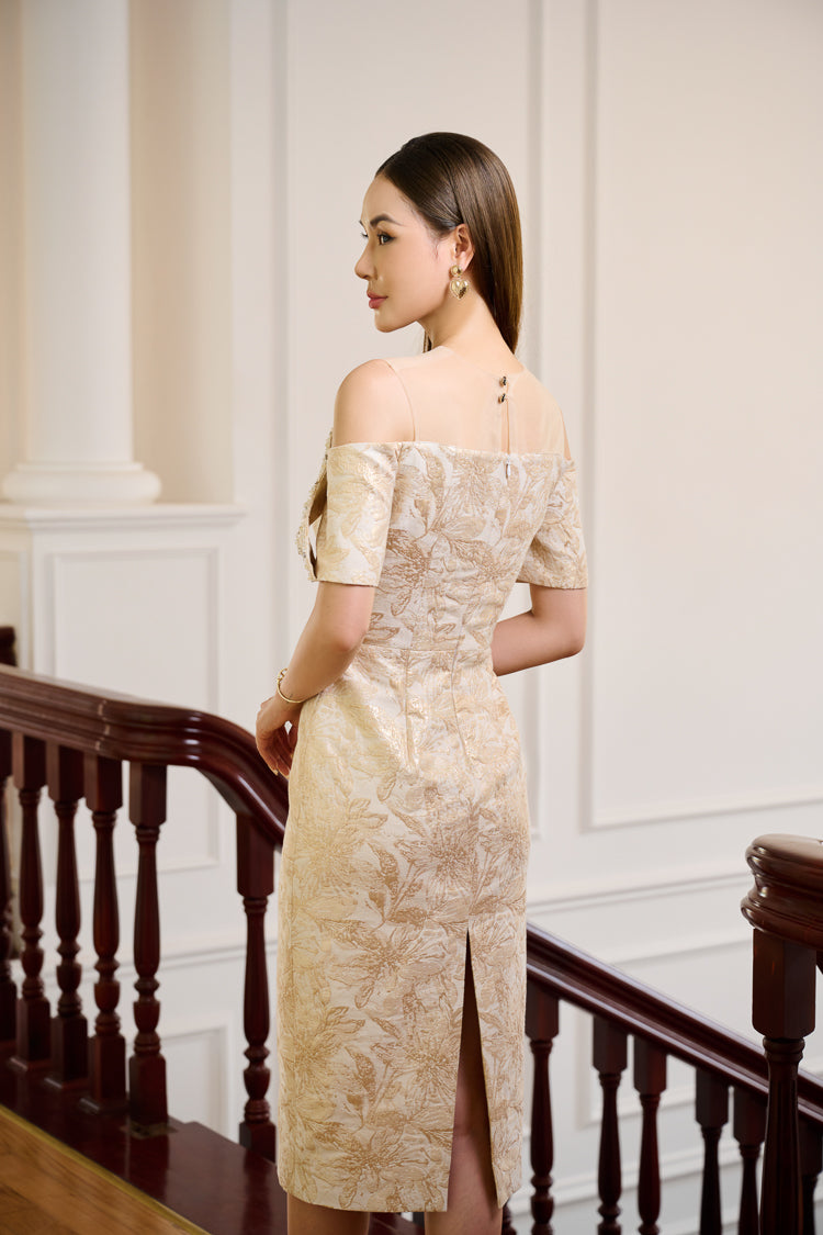 Le Soleil Off-Shoulder Jacquard Brocade Midi Dress