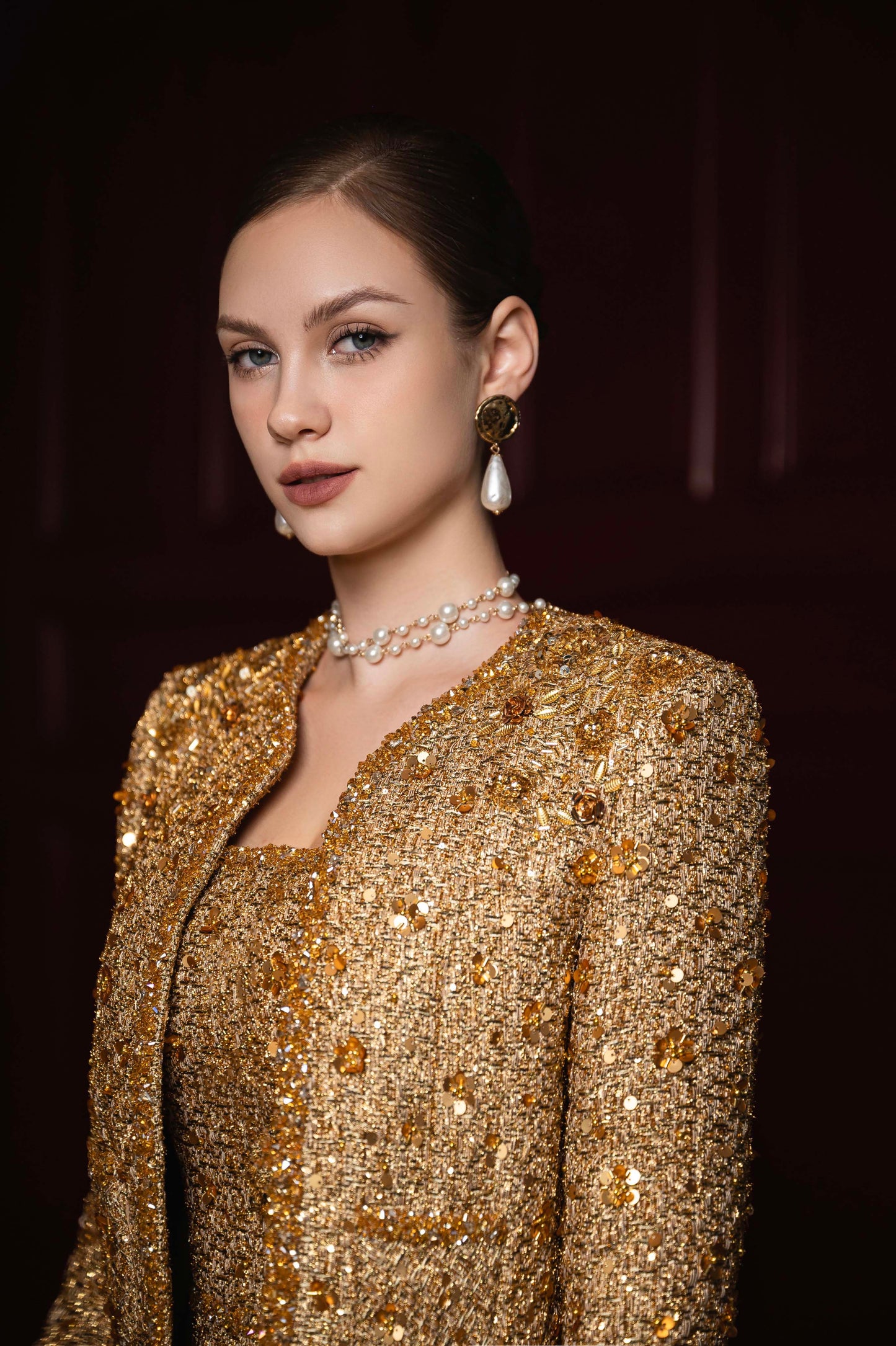 Gold Embellished Evening Gown & Jacket Set