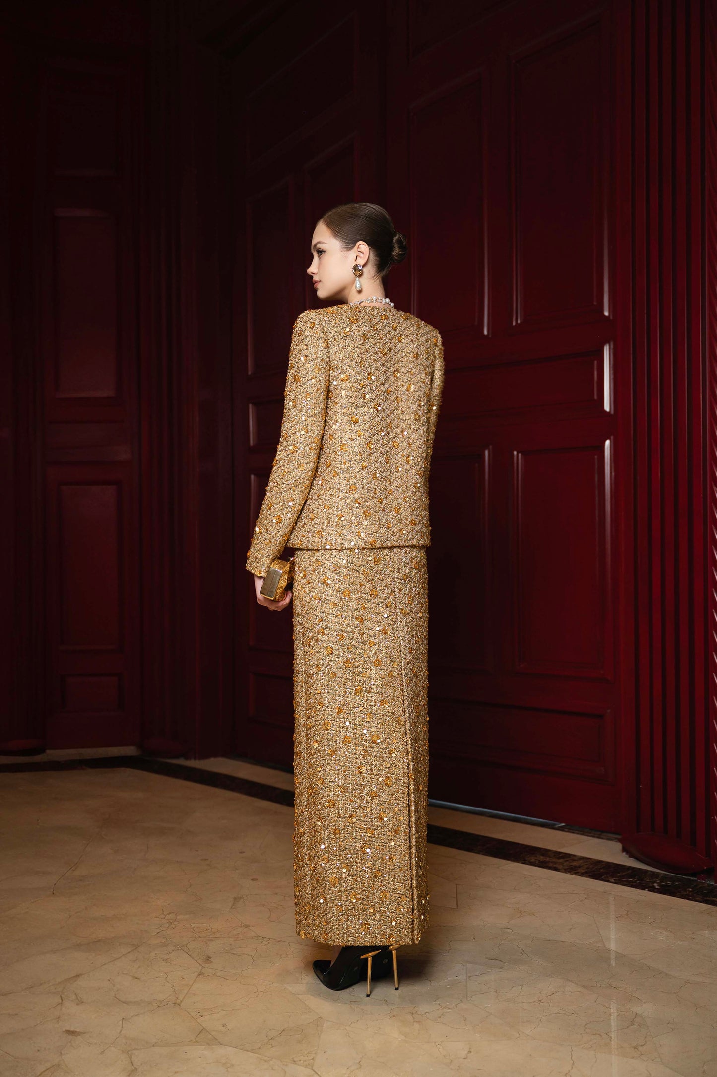 Gold Embellished Evening Gown & Jacket Set