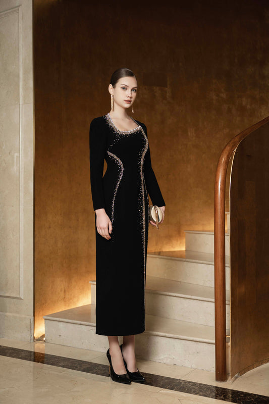 Black Long-Sleeve Embellished Evening Gown