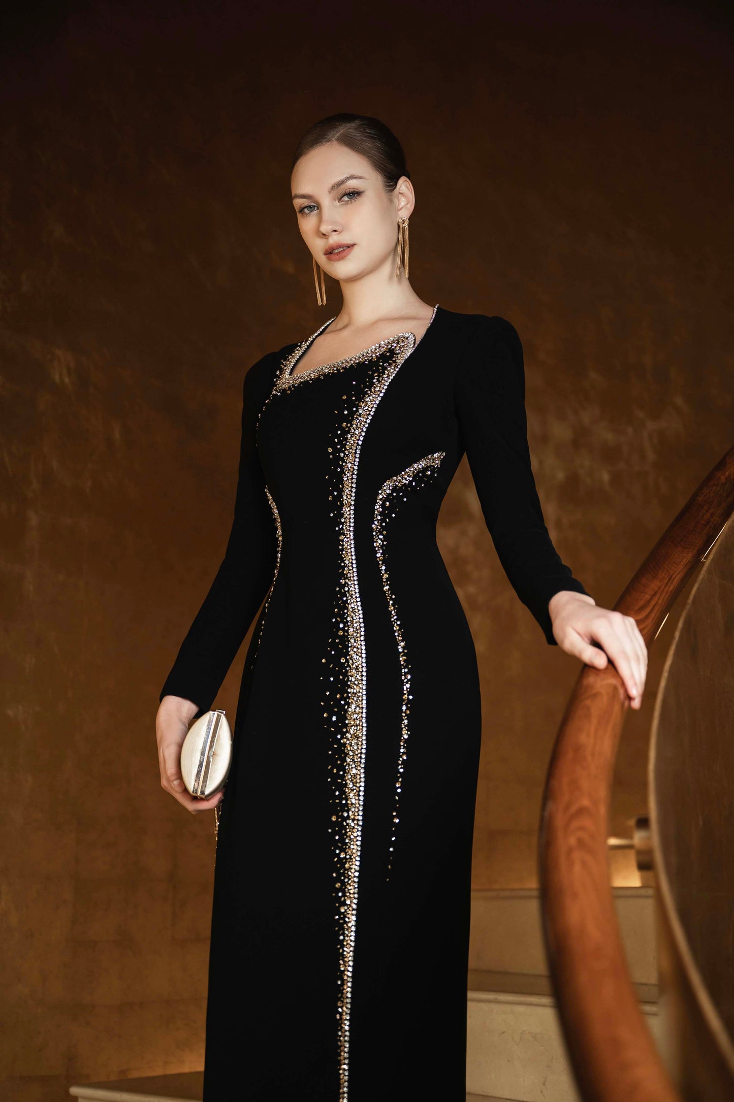 Black Long-Sleeve Embellished Evening Gown