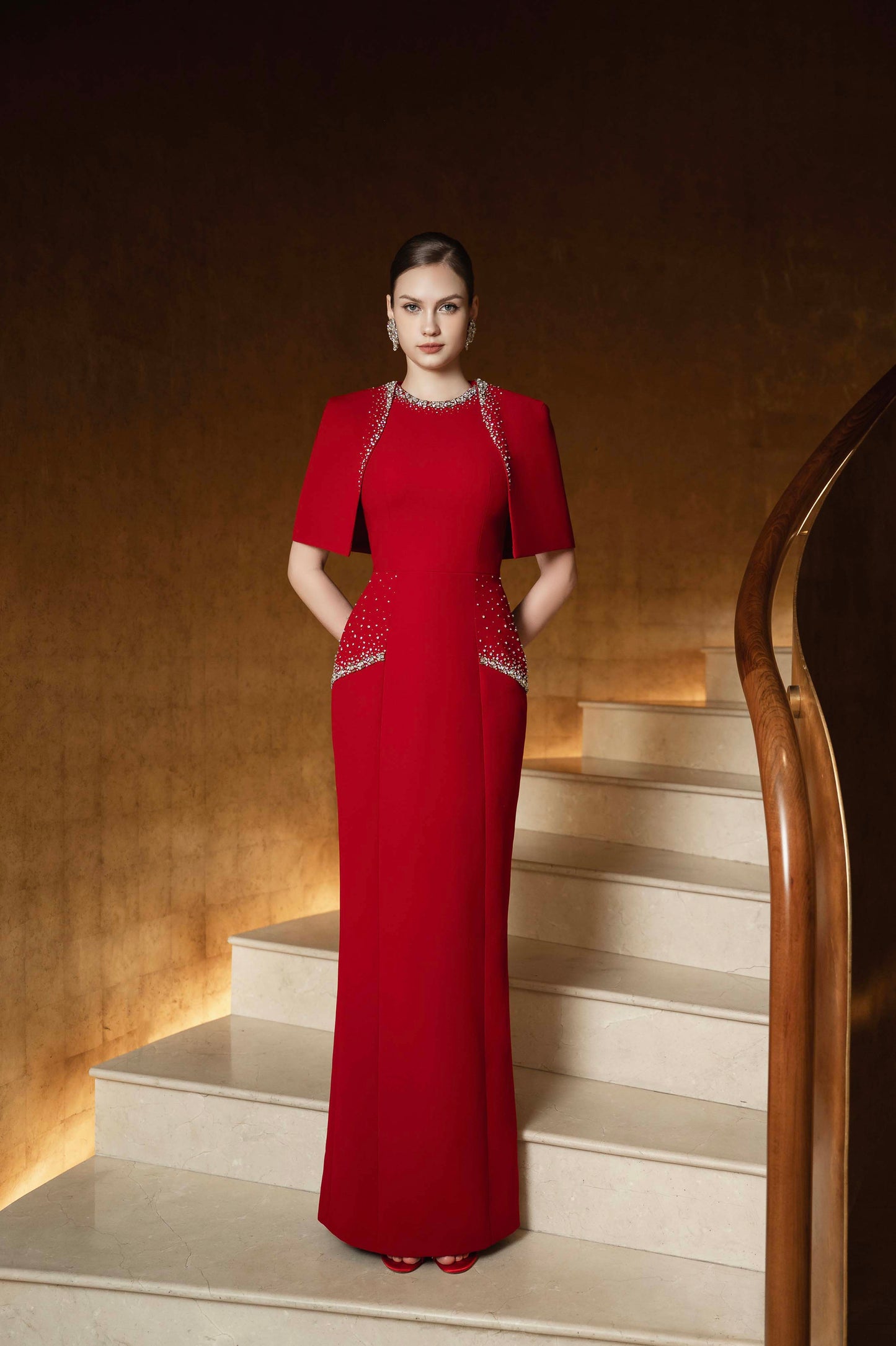 Red Cape-Sleeve Embellished Evening Gown