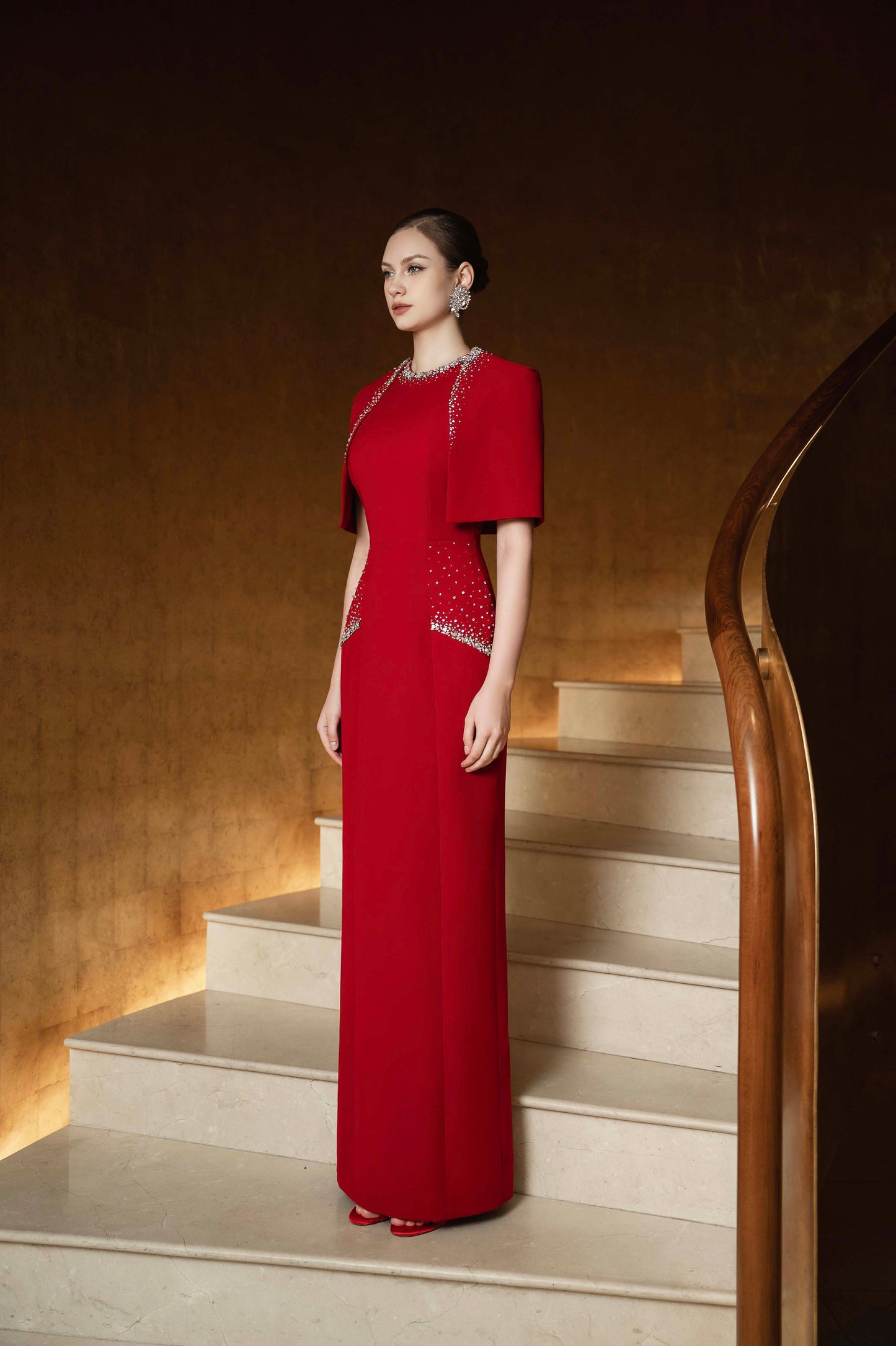 Red Cape-Sleeve Embellished Evening Gown
