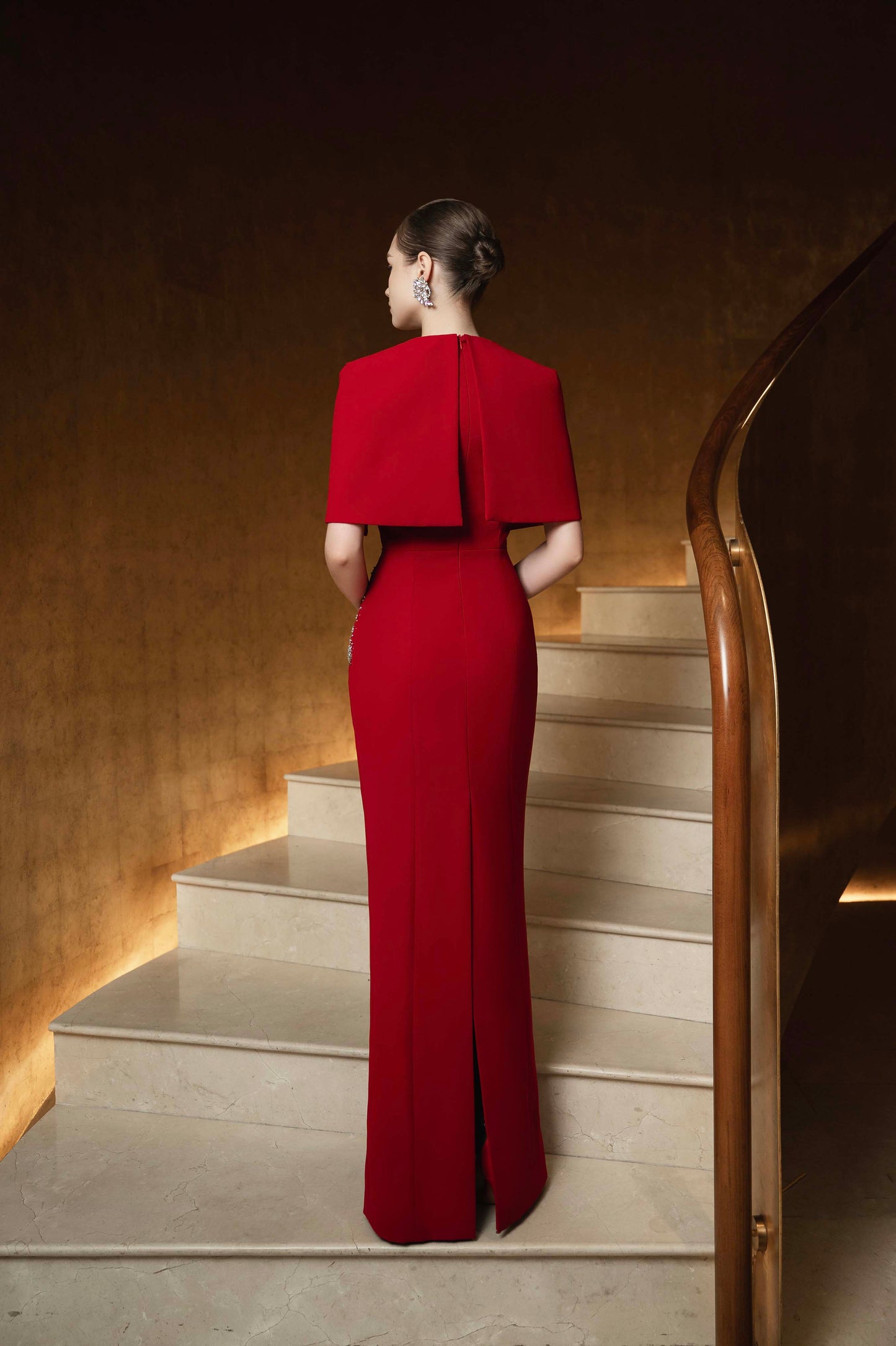 Red Cape-Sleeve Embellished Evening Gown