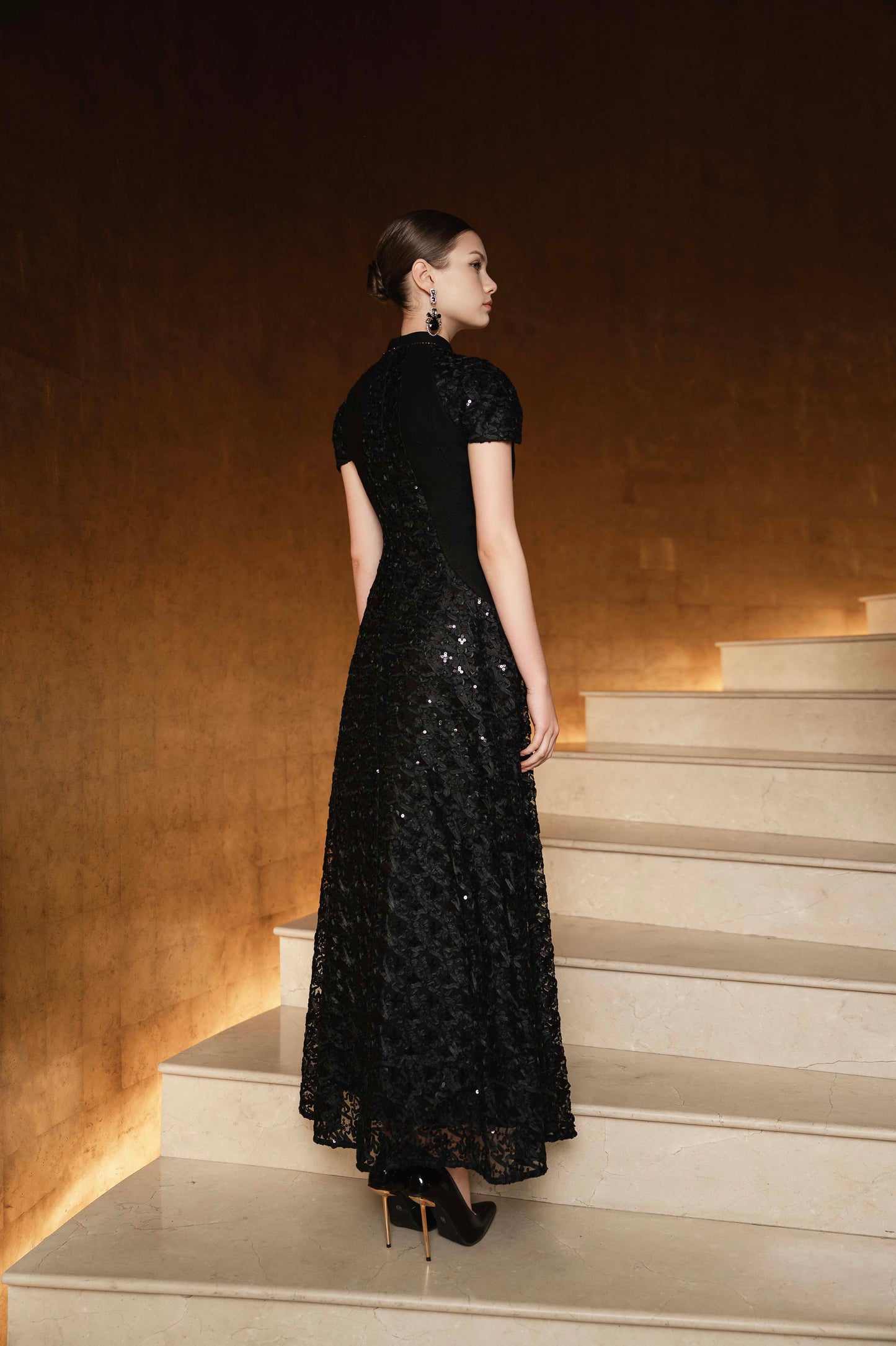 Black Sequin Gown with Capelet