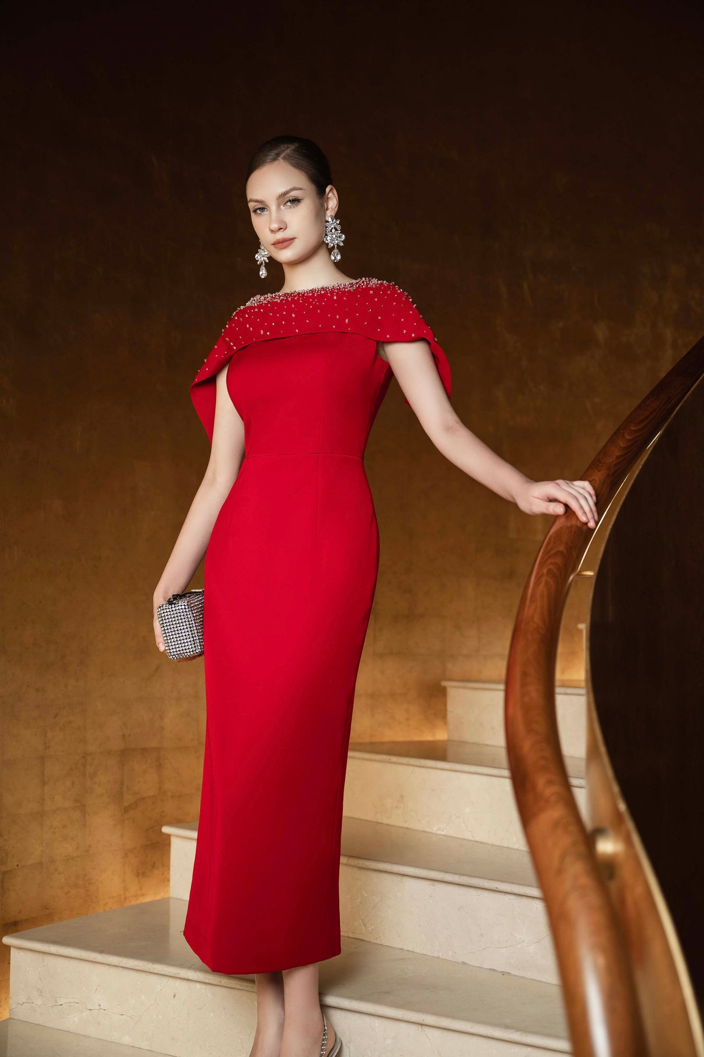 Red Midi Dress with Embellished Cape
