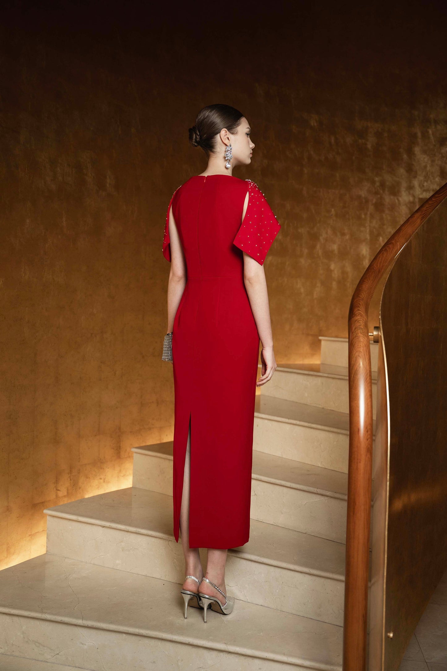 Red Midi Dress with Embellished Cape