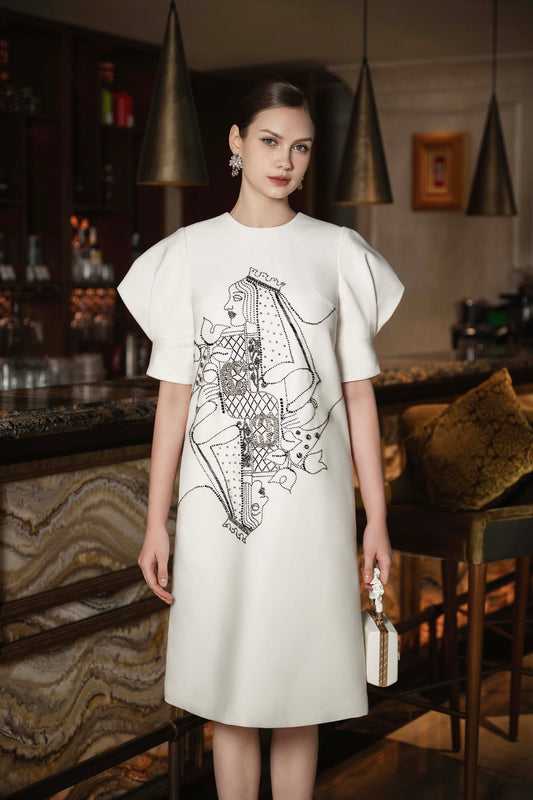 White Queen of Hearts Embroidered Midi Dress