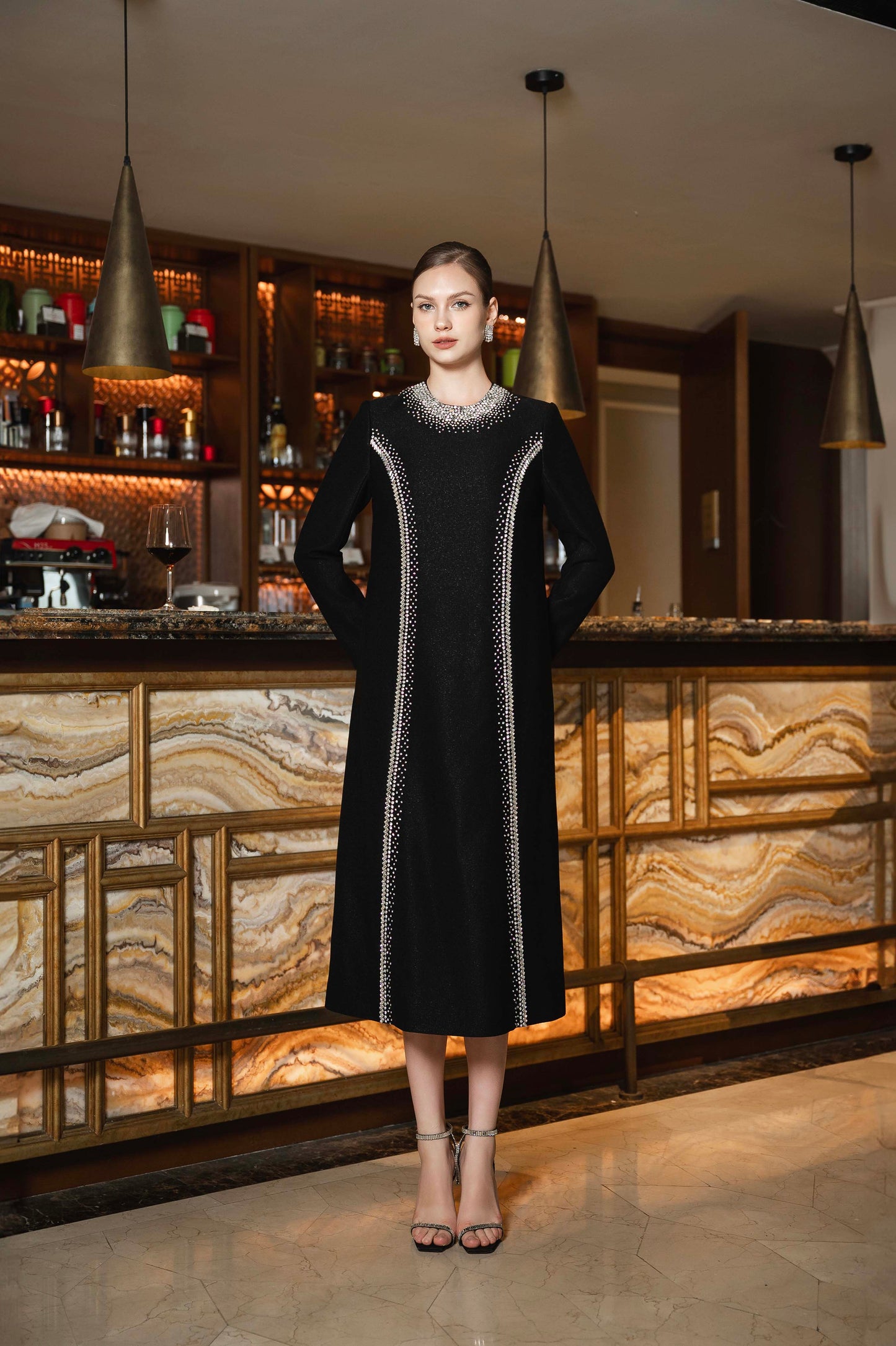Black Luxe Pearl-Embellished Long Sleeve Evening Dress