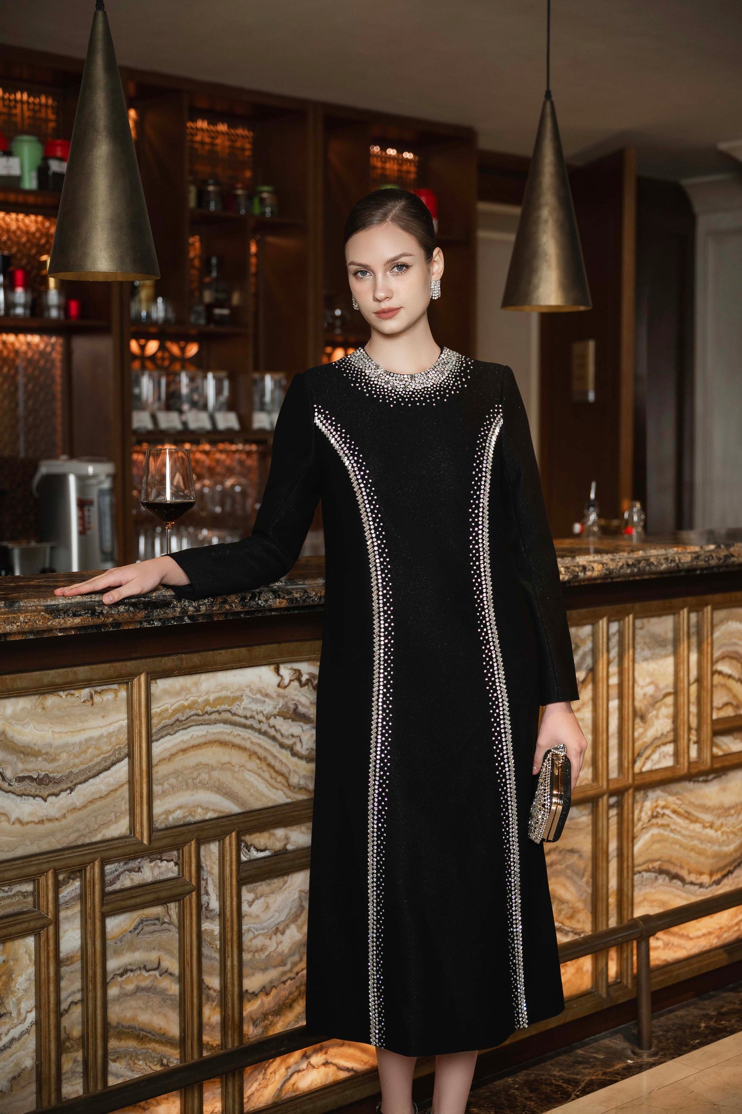 Black Luxe Pearl-Embellished Long Sleeve Evening Dress