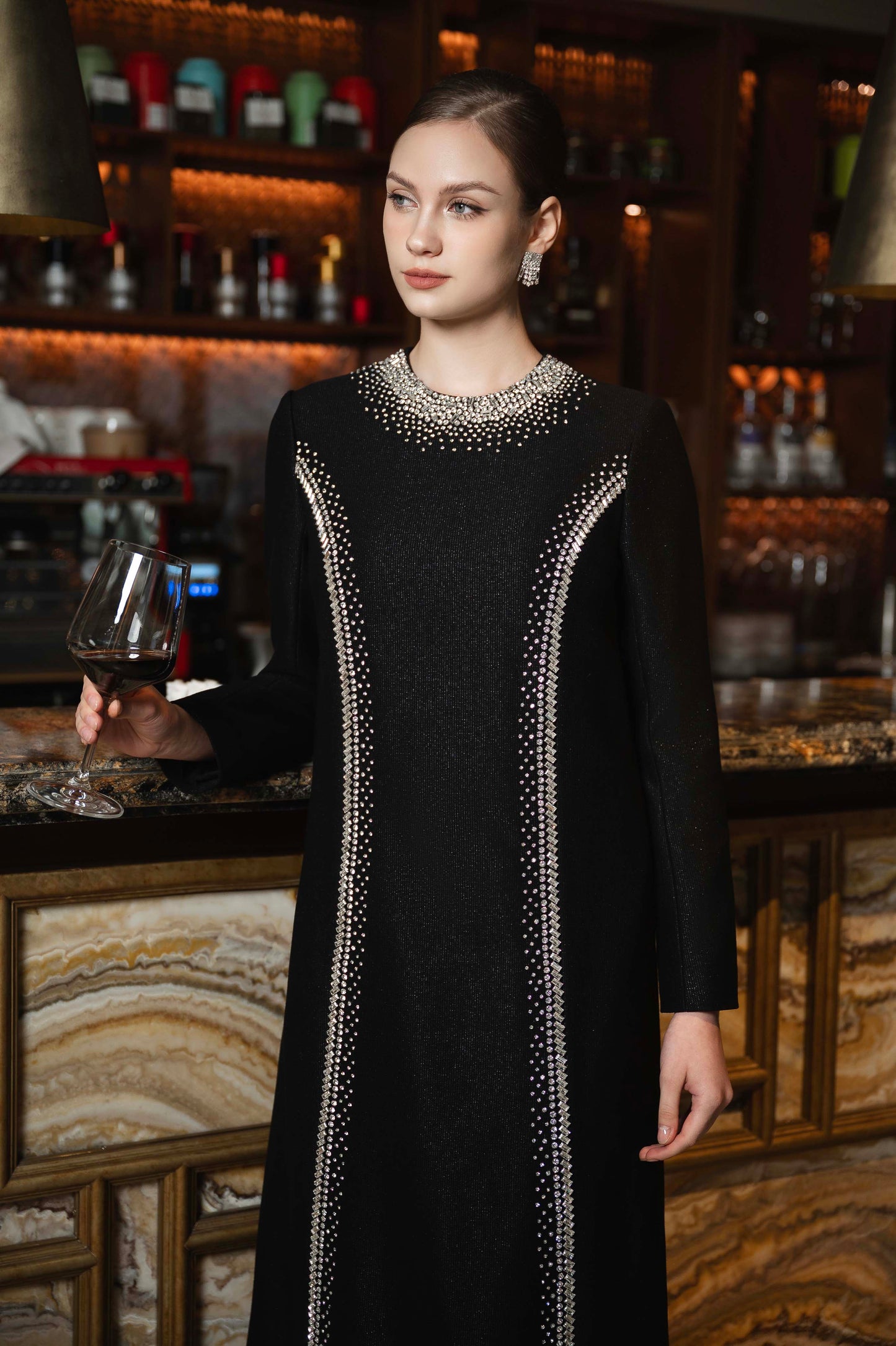 Black Luxe Pearl-Embellished Long Sleeve Evening Dress
